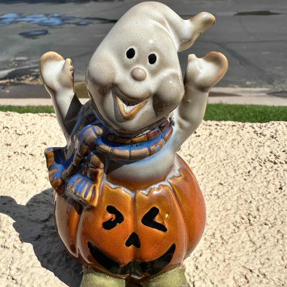 Ceramic Ghost on Pumpkin Shelf Sitter Halloween Decor Orange White Fabric‎ Legs